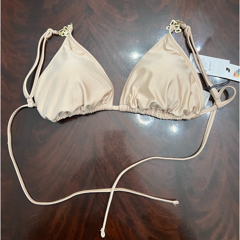 Tan string bikini top, padded cups size large. NWT